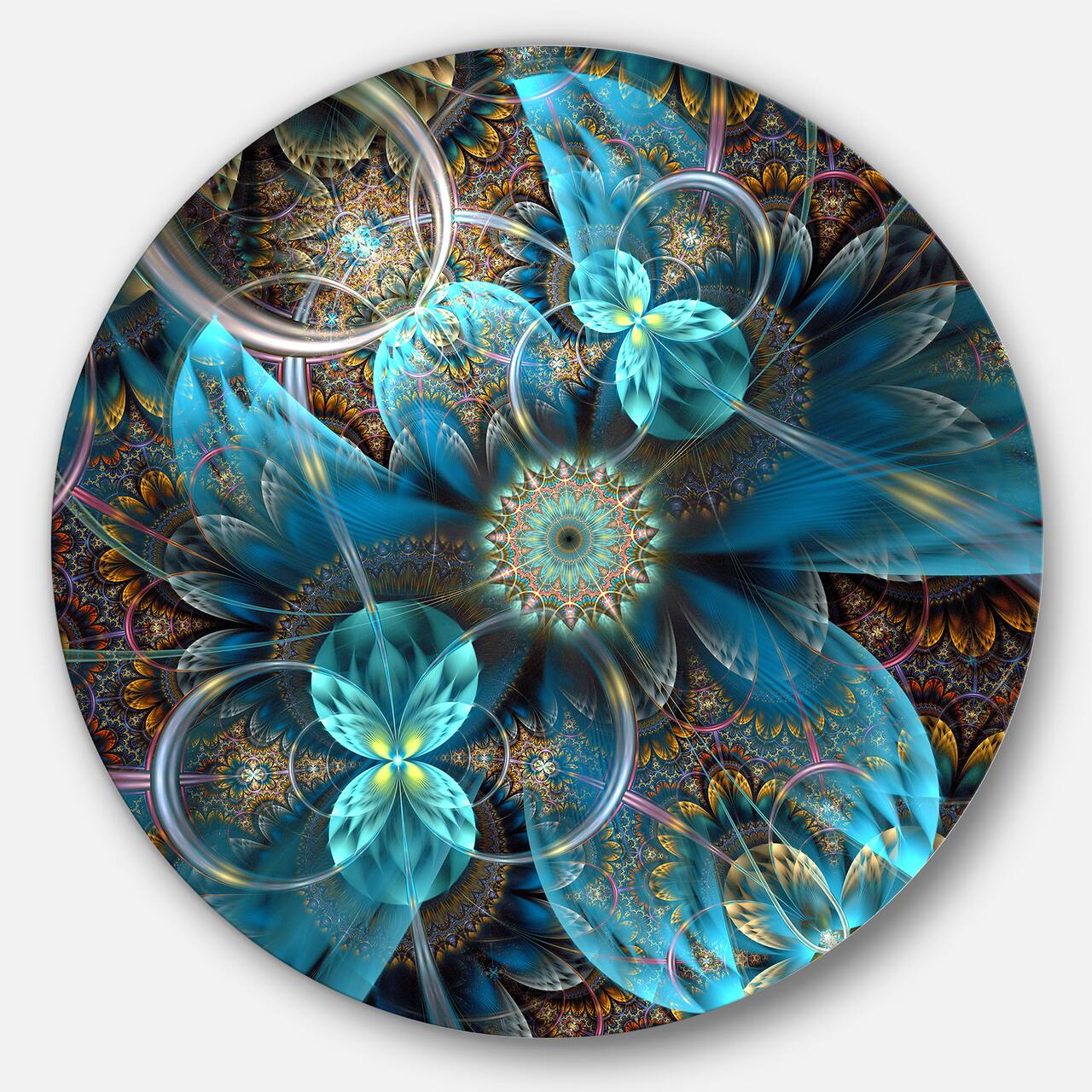 Designart - Fractal Blue Flowers' Disc Floral Circle Metal Wall Art